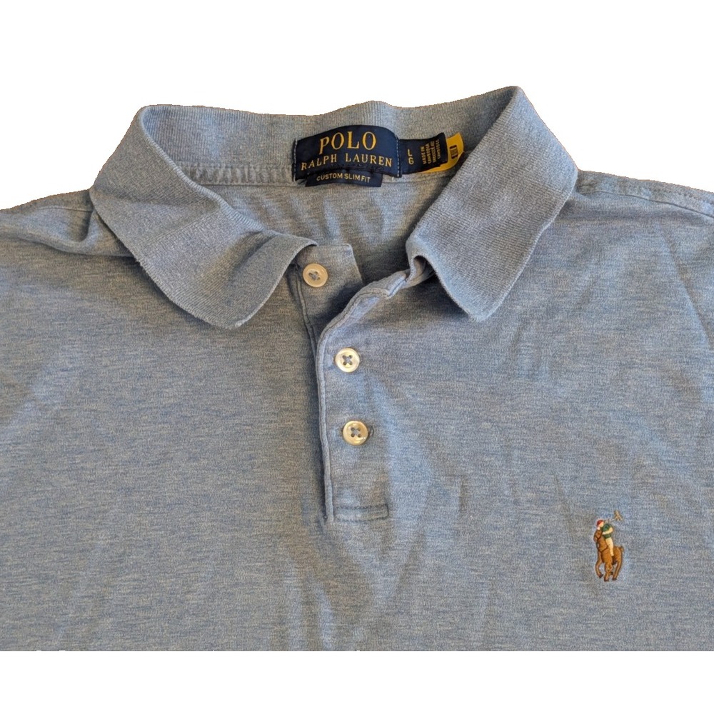 Polo Ralph Lauren Men's Large Custom Slim Fit Polo Shirt Heather Blue Flesh Pony